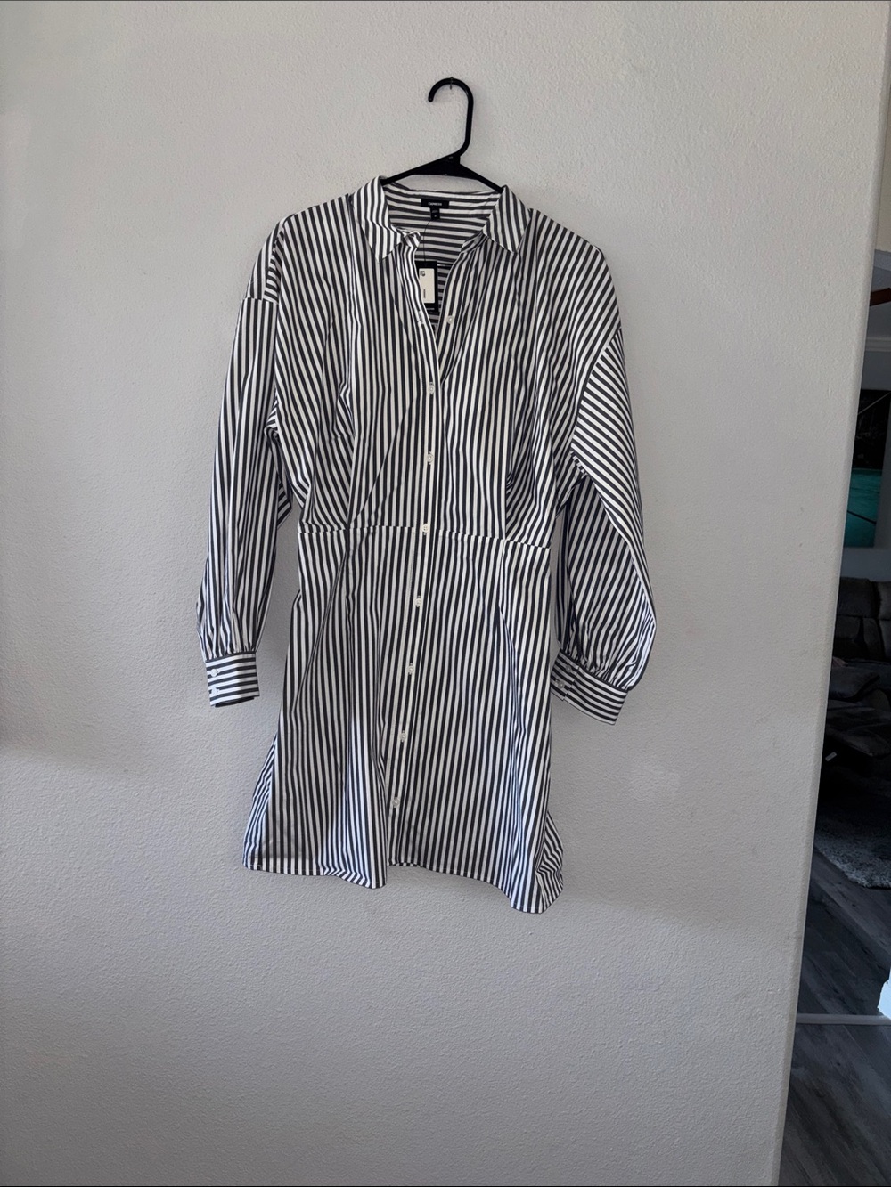 Express Black and White Vertical-Stripe Long Sleeve Shirt Dress